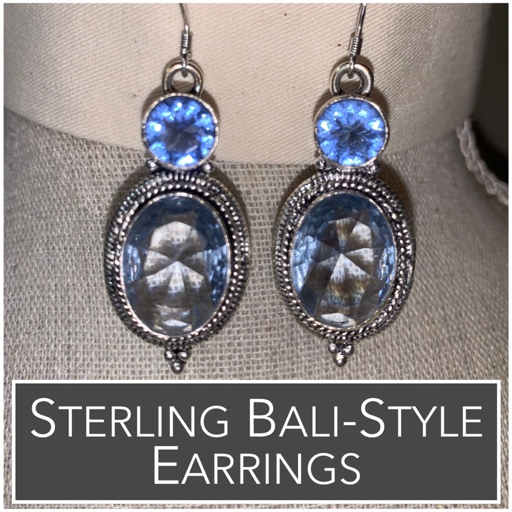 Sterling Earrings Set with Blue Stones - Bali-style with Bead Detailing